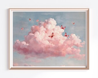 ピンクの雲と蝶のプリント｜幻想的なパステルカラーの空（デジタルダウンロード）
