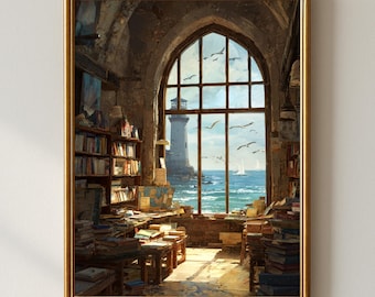 Lighthouse Library Wall Art, Coastal Bookshop Painting, Ocean Reading Room Decor