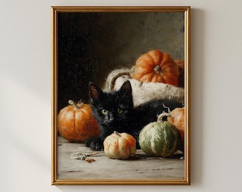 Lámina artística de gato negro de Halloween / Naturaleza muerta con calabazas vintage (Descarga digital)