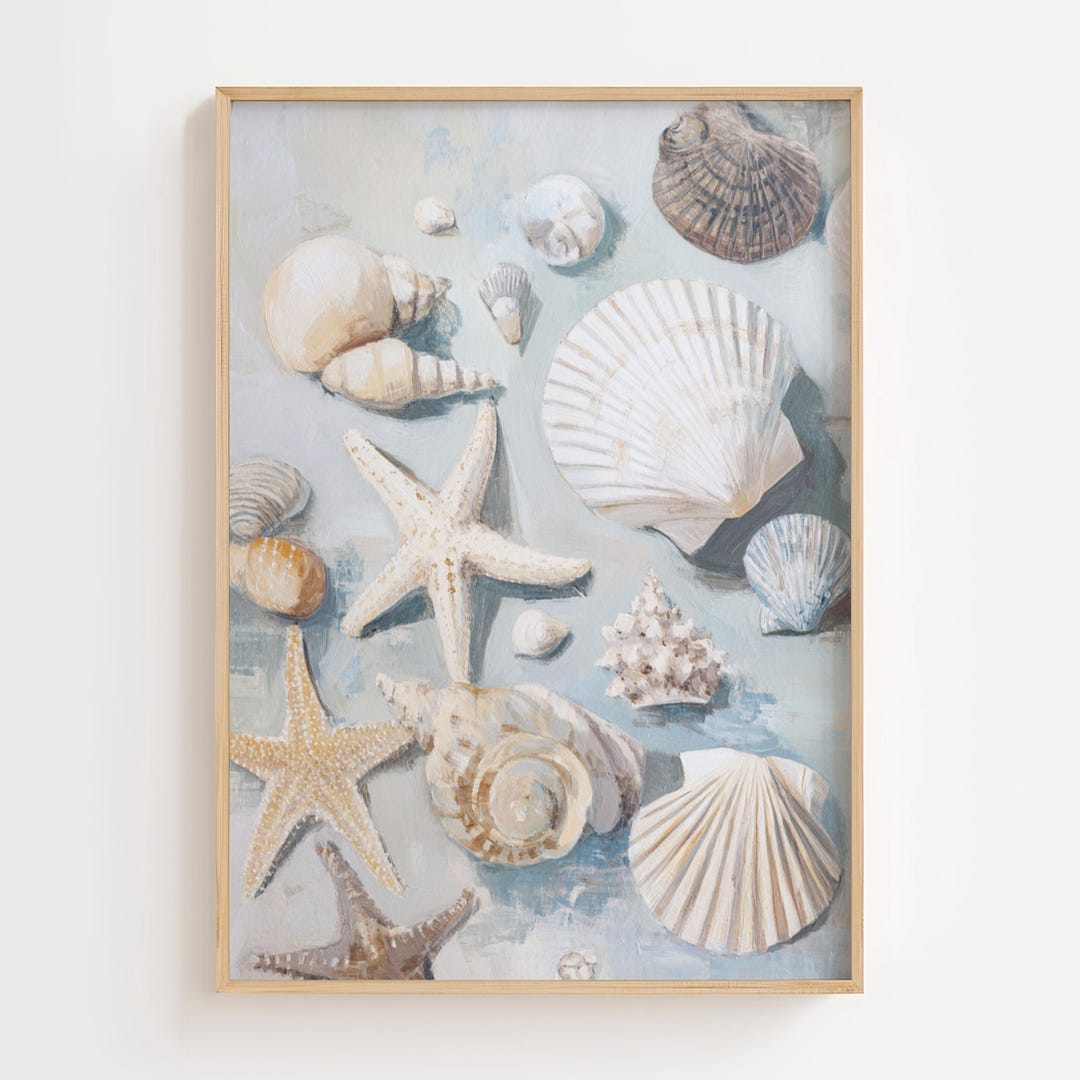 Seashell Starfish Coastal Painting, Beach House Bathroom Wall Art ...