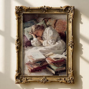 Vintage Oil Painting Style Wall Art – Sleeping Girl with Books – Romantic Literary Decor – Classic Impressionist Bedroom & Library Print