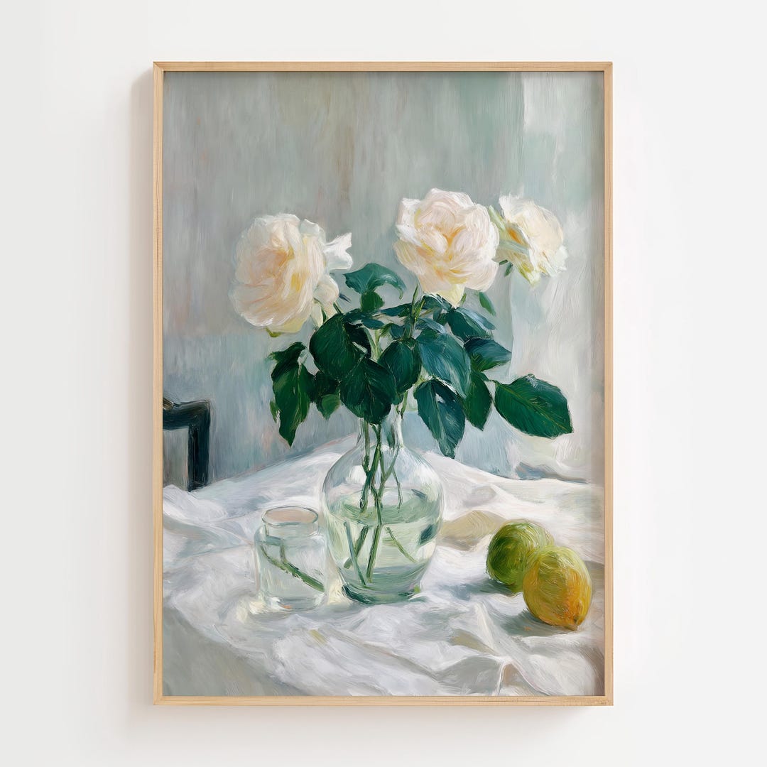 White Rose Still Life Wall Art, Soft Pastel Oil Painting Print, Light ...