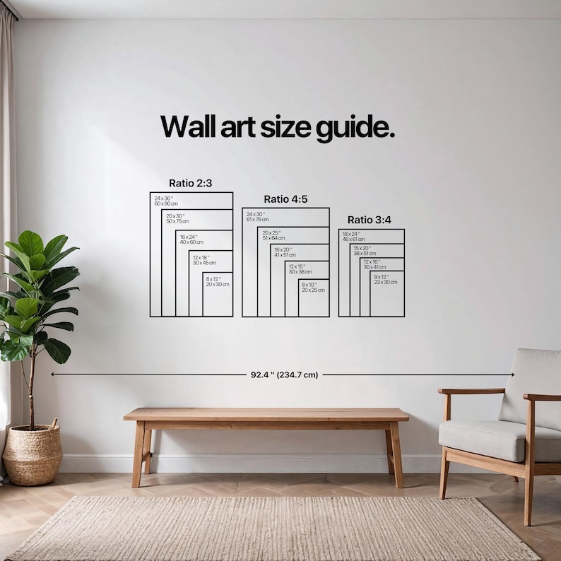 May include: A wall art size guide with three ratio options: 2:3, 4:5, and 3:4. Each ratio displays example dimensions in inches and centimeters, such as 24x36 inches (60x90 cm). The text "Wall art size guide" is at the top.