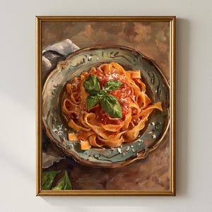 Italian Pasta Kitchen Wall Art | Rustic Tagliatelle with Basil Digital Download | Tuscan Food Printable for Dining Room & Restaurant Decor