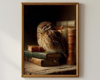 Vintage Owl and Books Wall Art | Rustic Bird Still Life Dark Academia Library Painting | Cottagecore Printable Digital Download
