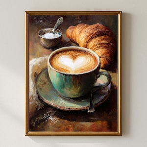 May include: A framed painting depicts a breakfast scene. A teal coffee cup with a heart-shaped design in the foam sits on a saucer, next to a croissant and a small bowl of sugar. The painting has a warm, inviting color palette.