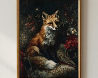 Fuchs Porträt Ölgemälde, barocke Tierwandkunst, Vintage Fine Art druckbare, dunkle botanische Dekoration, Regal Woodland Galeriedruck