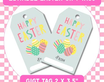 Könnte beinhalten: Zwei druckbare Ostergeschenkanhänger mit hellblauem Hintergrund. Die Anhänger zeigen den Text "Frohe Ostern" in einer bunten Schriftart und eine Gruppe bunter Ostereier. Die Anhänger haben leere Felder für "Von" und "An". Die Anhänger sind 2 Zoll mal 3,5 Zoll groß.