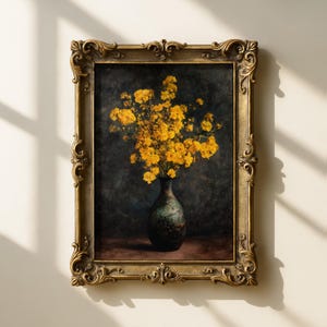 Arte de parede floral escura | Pintura vintage de flores amarelas em vaso verde | Download digital para impressão de botânicos rústicos góticos