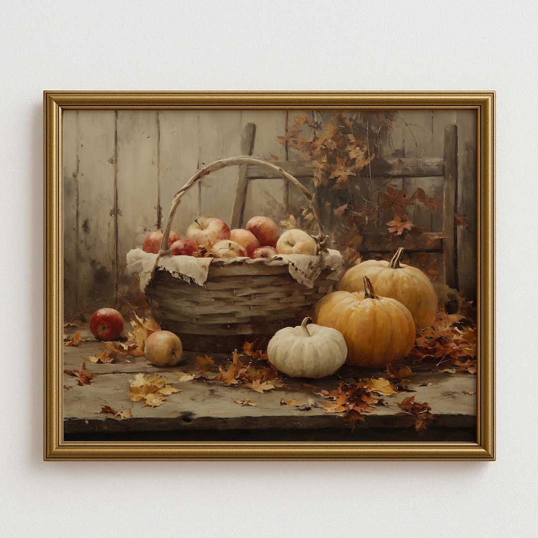 Autumn Harvest Wall Art | Basket of Apples With Pumpkins and Rustic ...