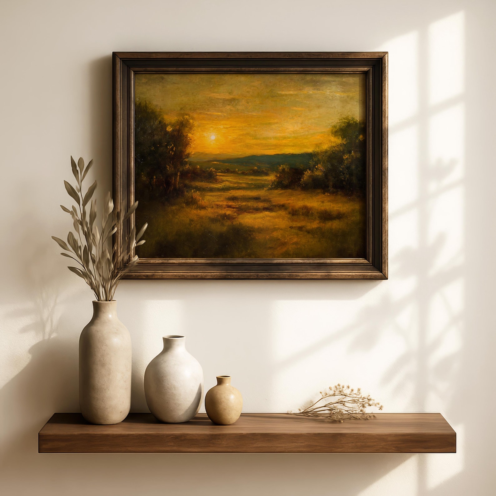 Golden Sunset Landscape Wall Art Print, Rustic Countryside Painting ...