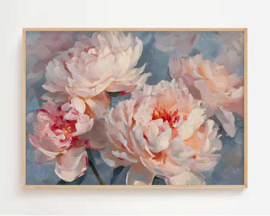 Peony Wall Art Print, Blush Pink Floral Oil Painting, Romantic ...