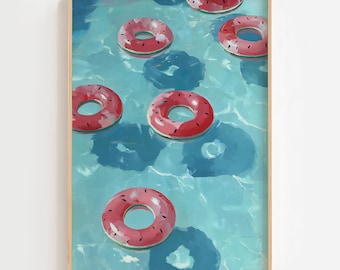 Watermelon Pool Float Wall Art | Summer Pool Print | Coastal Modern Art | Aqua Blue Water Painting | Tropical Beach House Decor