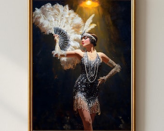 Vintage Showgirl Wall Art | Glamorous 1920s Dancer in Black Dress with Feathers | Art Deco Burlesque Printable Digital Download Decor