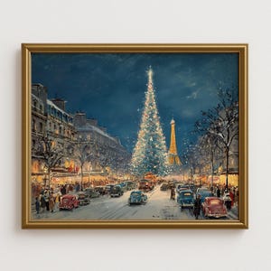 May include: A framed painting depicts a snowy Parisian street scene at night during the Christmas season. A large, illuminated Christmas tree stands in the center, with the Eiffel Tower in the background. Classic cars line the street.