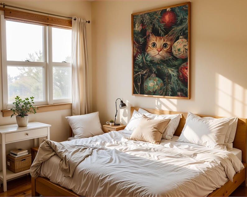 May include: A bedroom with a wooden bed frame, white bedding, and a large framed print of a cat peering through Christmas tree branches. The room has a window with natural light and a small side table.