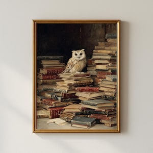 Dark Academia Books and Owl Aesthetic Print, Vintage Gothic Wall Art, Moody Decor, Digital Download, Cottagecore Aesthetic