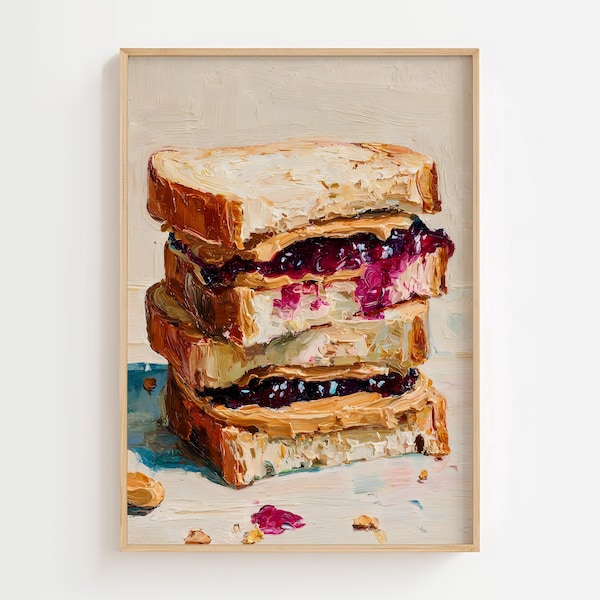 Lámina con diseño de sándwich de mantequilla de cacahuete y mermelada, estilo bodegón de cocina retro (descarga digital).