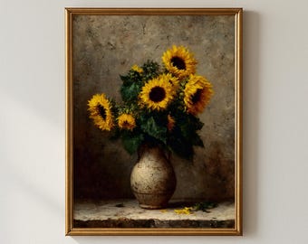 Art mural tournesol | Vintage nature morte florale dans un vase | Téléchargement numérique imprimable de cuisine de ferme rustique