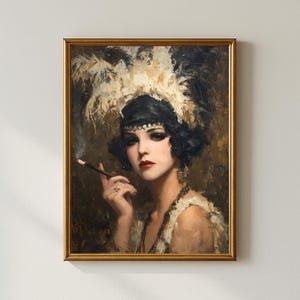 May include: A framed vintage portrait of a woman in the Art Deco style. She wears a feathered headdress, dark makeup, and holds a cigarette in a holder. The painting is in a gold frame.