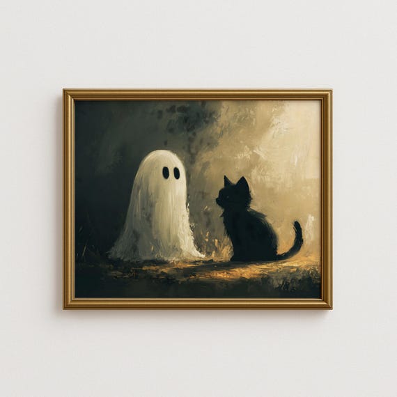 Halloween Ghost and Black Cat Wall Art | Spooky Candlelight