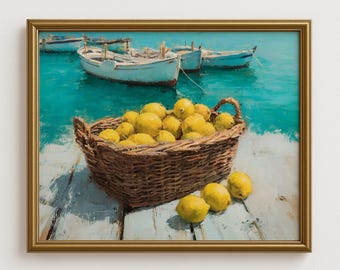 Mediterranean Lemon Basket Print, Coastal Kitchen Wall Art (Digital Download)