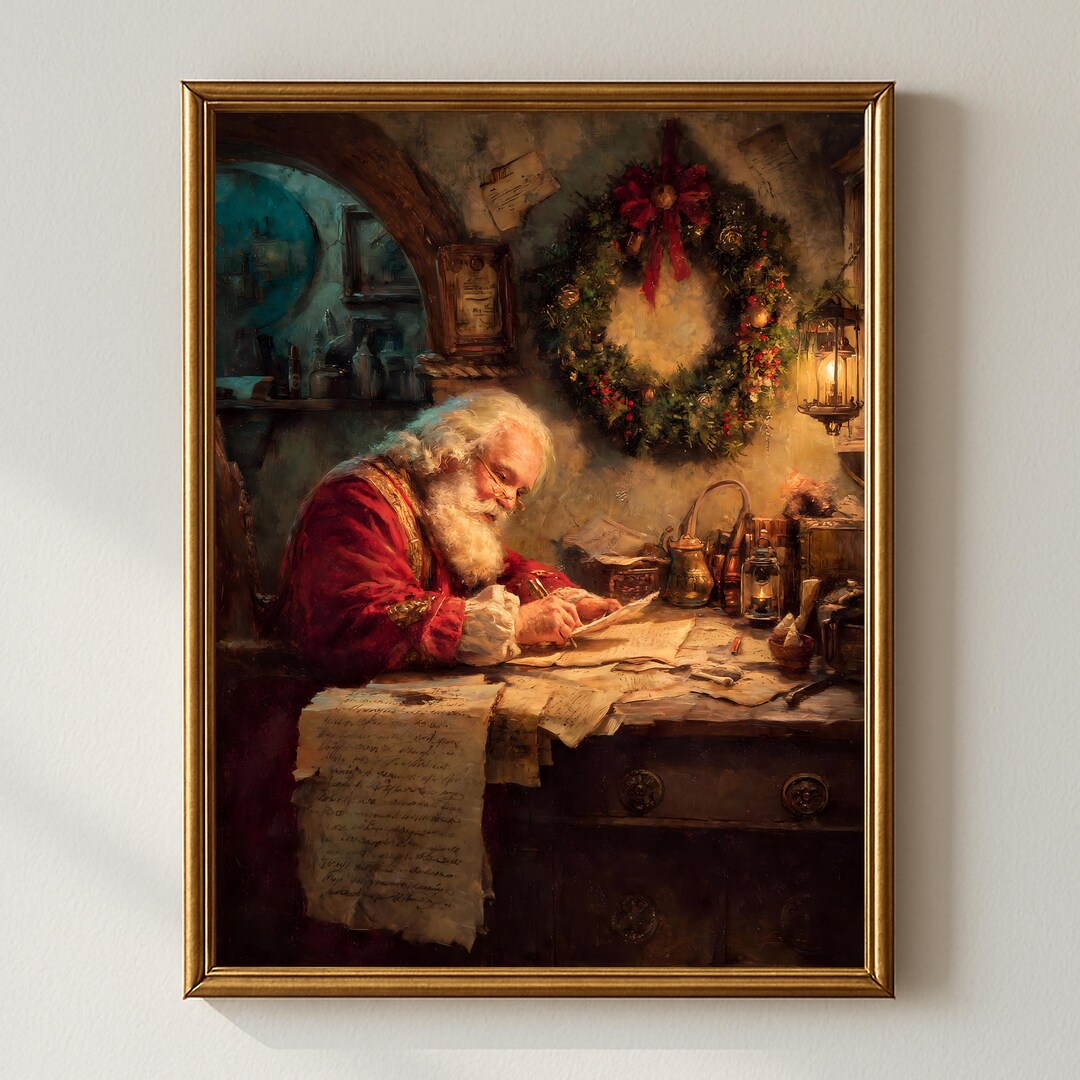 Santa Claus Writing Letters by Candlelight With Christmas Wreath ...
