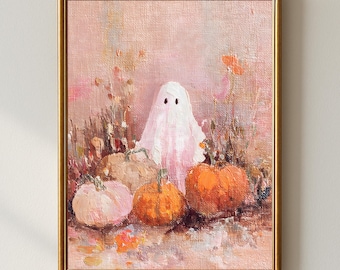Whimsical Halloween Ghost Wall Art | Pink Ghost with Pumpkins and Autumn Flowers | Cute Pastel Fall Printable Digital Download Decor