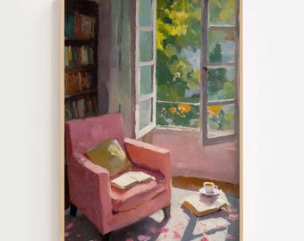 May include: A framed painting of a tranquil interior. A pink armchair with a yellow cushion is positioned near an open window, with a book and a cup of coffee on a small table. A bookshelf is in the background, and the window shows a green, leafy outdoor view.