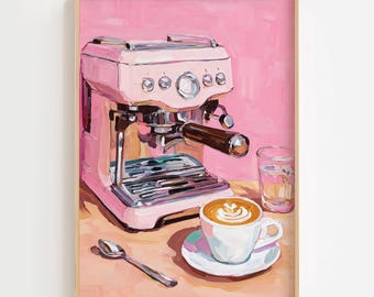 Rosa Espresso Maschine Kunstdruck, Kaffee Bar Dekor (Digitaler Download)