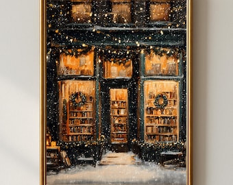Snowy Bookstore Printable Wall Art, Cozy Winter Bookshop Painting, Warm Glow Night Street Scene, Book Lover Decor