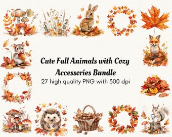 Cute Fall Animals Clipart, Autumn Woodland PNG Bundle (Digital Download)