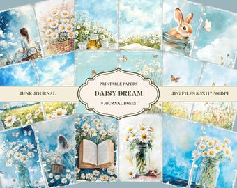 Pagine del diario Daisy Junk – Carta stampabile estiva, cancelleria floreale Cottagecore, 9 fogli per diario acquerello