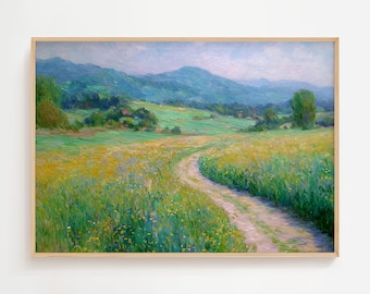 Impressionist Landscape Oil Painting Print, Meadow Path Wall Art, Countryside Scenery, Farmhouse Decor
