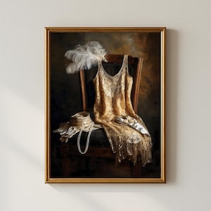 1920s Flapper Dress Wall Art – Vintage Art Deco Oil Painting Print, Roaring Twenties Fashion Still Life, Gatsby Glamour Home Decor