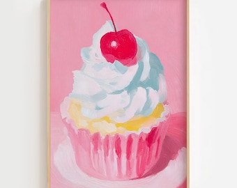 Valentine's day Pink Cupcake Wall Art Printable, Cherry Dessert Kitchen Decor, Bakery Digital Download