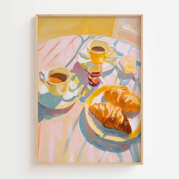 Cuadro de croissant de café vibrante, arte mural para un desayuno acogedor en una cafetería (descarga digital)