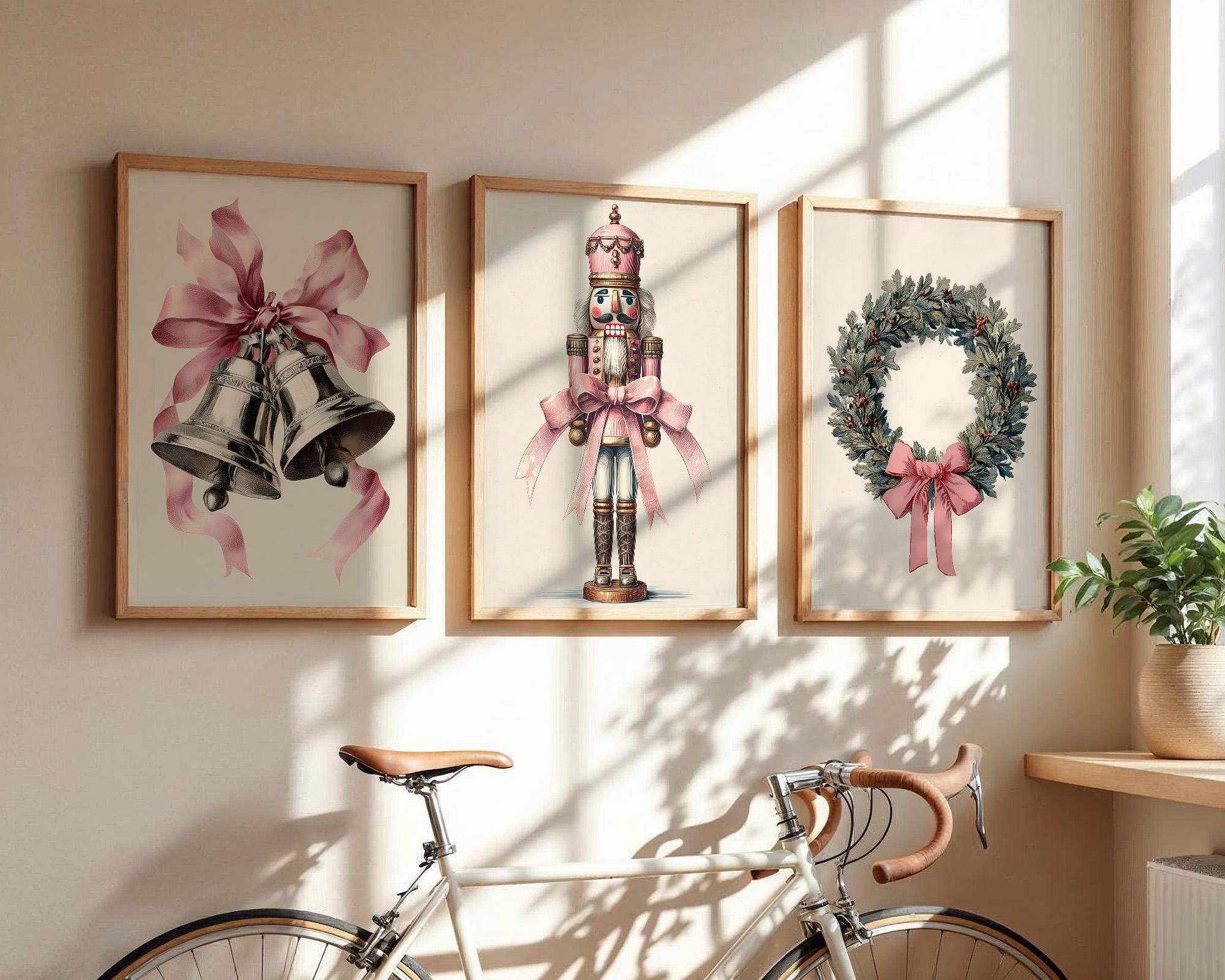 6 Vintage Pink Christmas Wall Art Set, Nursery Holiday Printable Decor