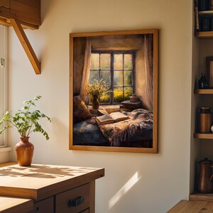 May include: A framed painting depicts a cozy reading nook with a window view. The artwork features an open book, a vase of flowers, and a soft blanket. The color palette includes warm browns, yellows, and blues, creating a serene and inviting atmosphere.