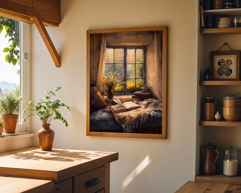 May include: A framed painting depicts a cozy reading nook with a window view. The artwork features an open book, a vase of flowers, and a soft blanket. The color palette includes warm browns, yellows, and blues, creating a serene and inviting atmosphere.