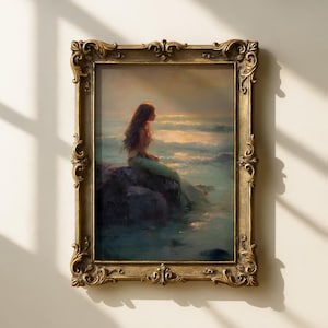Vintage zeemeerminkunst aan de muur, nautisch kustdecor, retroprint voor grillige badkamer- en kinderkameresthetiek