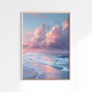 Roze zonsondergang oceaan muurkunst | Surfers Beach Scene digitale download | Kustpastelkleur afdrukbaar aan zee voor modern strandhuisdecor