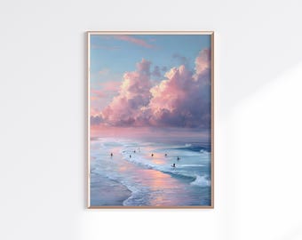 Pink Sunset Surfers Beach Print | Coastal Seaside Wall Art (Digital Download)