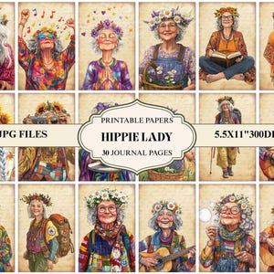 Diario di vecchietta hippie, download digitale di vecchiette divertenti, arte creativa stampabile per scrapbooking