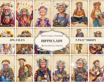 Hippie Old Lady Junk Journal, grappige vrouw afdrukbare kunst (digitale download)