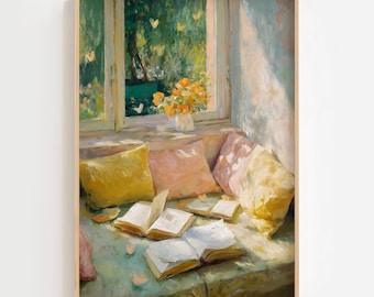 May include: A framed painting shows a reading corner filled with sunlight. Open books are on a cushioned window seat, with yellow and pink cushions. A vase of orange flowers sits on the windowsill, overlooking a green garden.