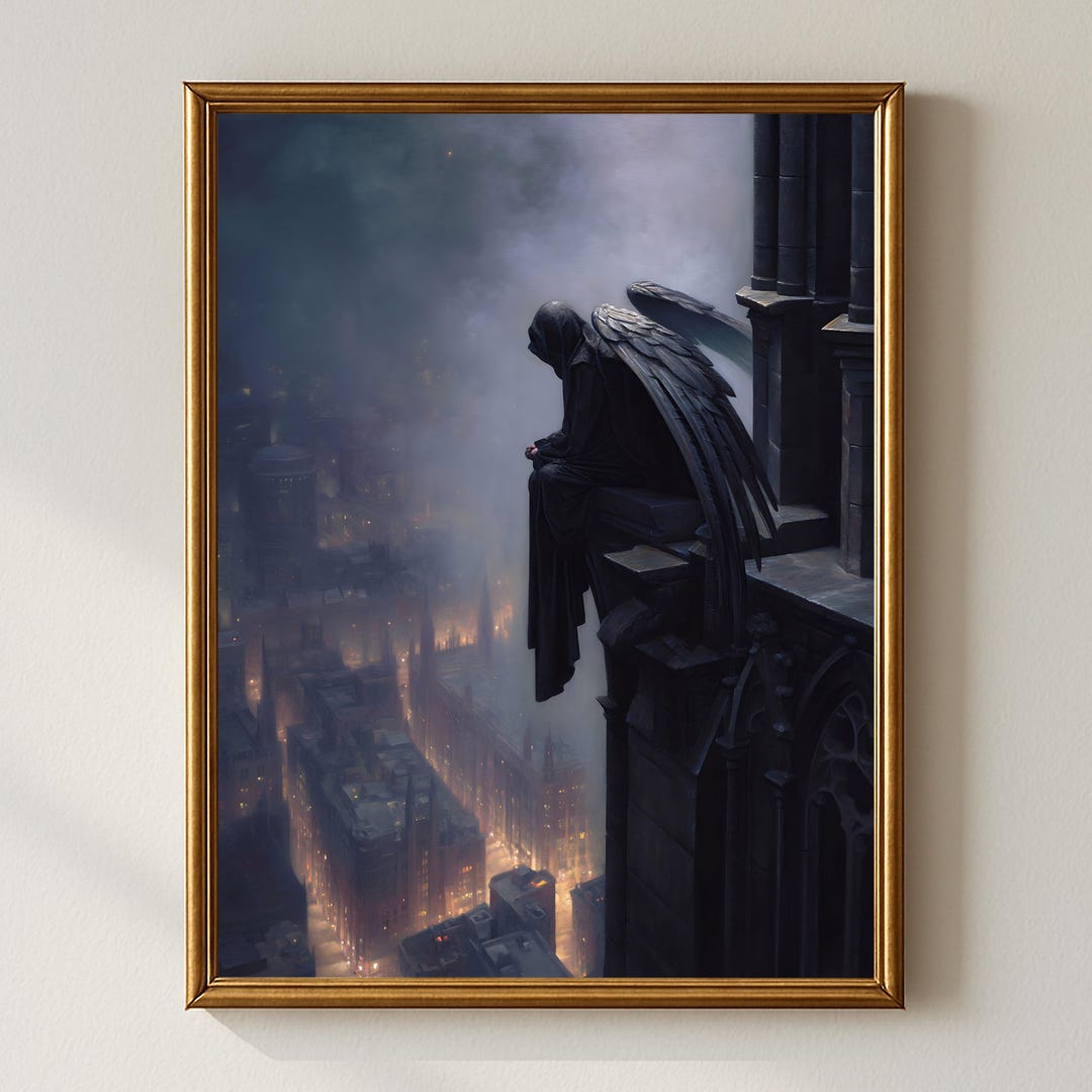 Gothic Angel Wall Art, Dark Fantasy Cityscape Painting, Black Winged ...