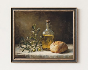 Mediterrane keuken afdrukbare muurkunst, olijftak en olijfoliestilleven, vintage olieverfschilderij, eetkamerdecoratie