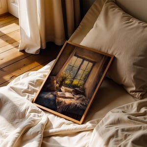 May include: A framed artwork depicting a cozy interior scene with a window view. The painting features a window with a view of a garden, an open book, and a vase of flowers. The artwork is set on a bed with pillows and a blanket.