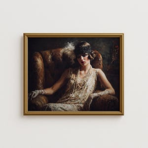 1920s Flapper show Girl Wall Art, Vintage Glamour Portrait with Pearls and Feather Headband, Roaring Twenties Art Deco Printable Painting